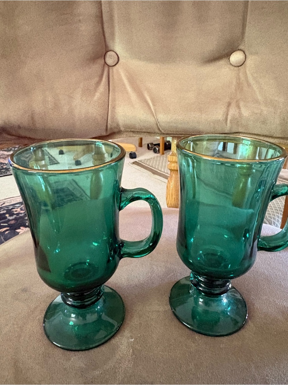 Libbey Emerald Green Footed Glass Mugs with Gold Trim